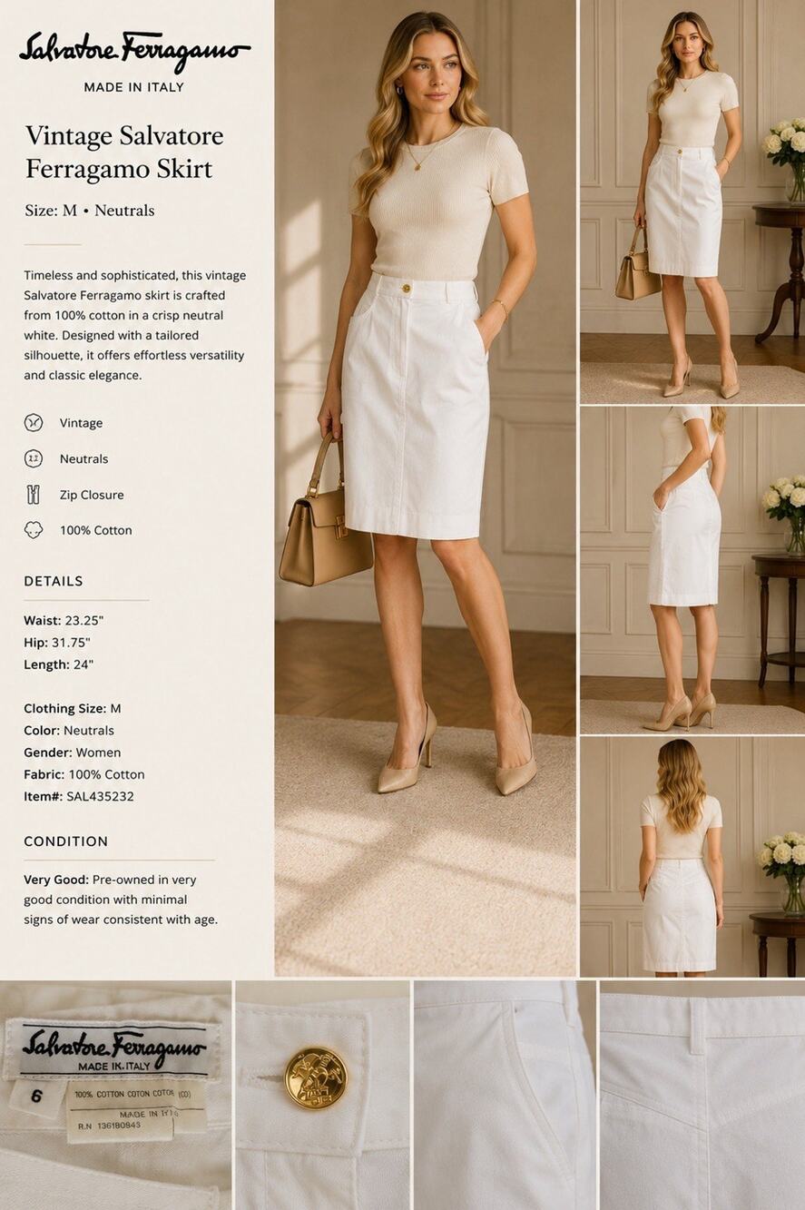 Salvatore Ferragamo Vintage White Cotton Skirt | Made in Italy | Size M